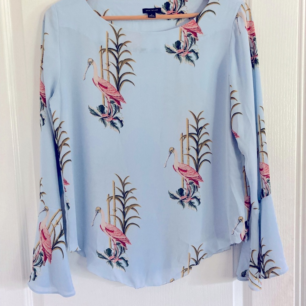 Ann Taylor Bird Print Blue Blouse, sz S